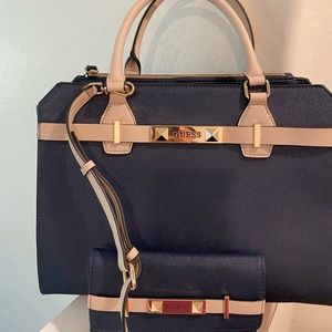 New GUESS Large Handbag Satchel Crossbody with Wallet Navy /cream